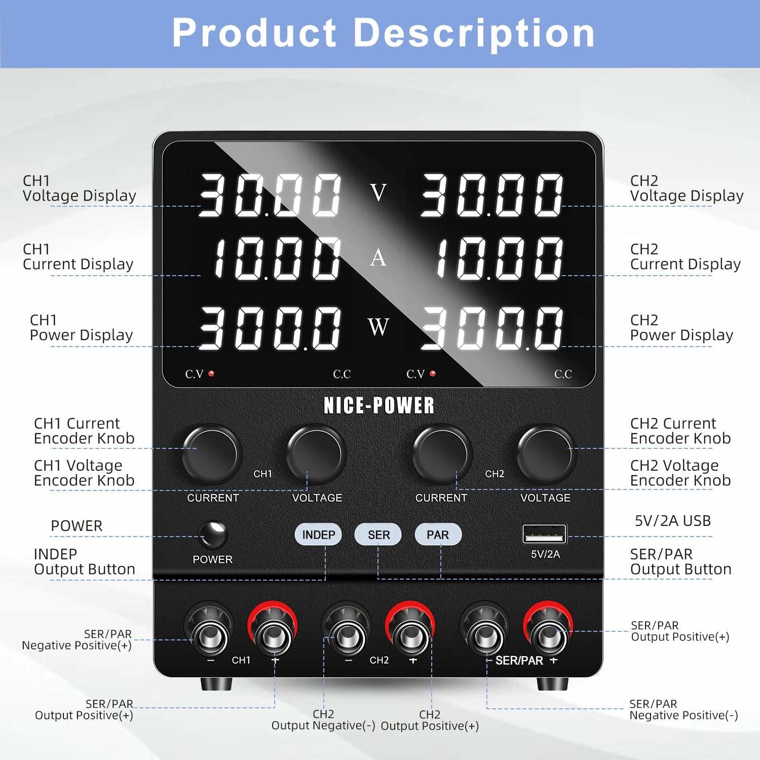 NICE-Power Dual Lab Power Supply 30V 10A Adjustable 3 Channel 60V 120V 240V Digital Bench Power Source Multiple Series Parallel
