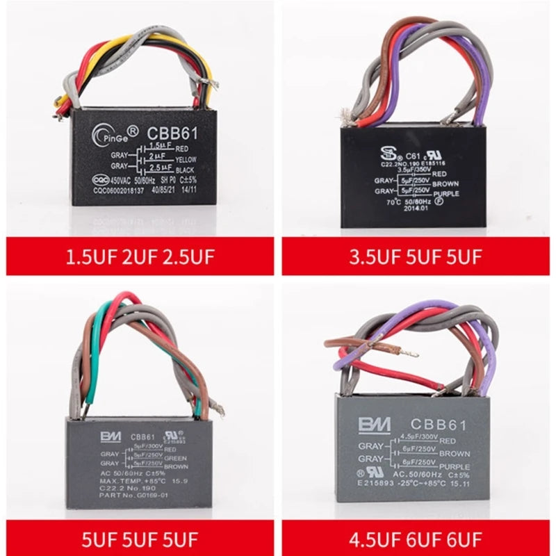 Ceiling Fan Capacitor CBB61 4.5+6+5UF 4.5+6+6UF 5+5+5UF 4+4+2.5UF 4+5+6UF 5 Wire 250V 50/60Hz Motor Running Capacitor
