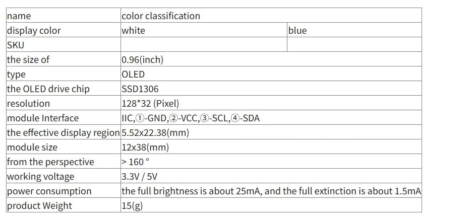 0.91 Inch 128x32 IIC I2C White / Blue OLED LCD Display DIY Module SSD1306 Driver IC DC 3.3V 5V for Arduino