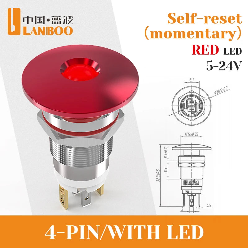 LB12E-M Mini Emergency Stop Button with LED Light Elevator Machine Tool Safety STOP Switch Self-locking / Momentary Selectable