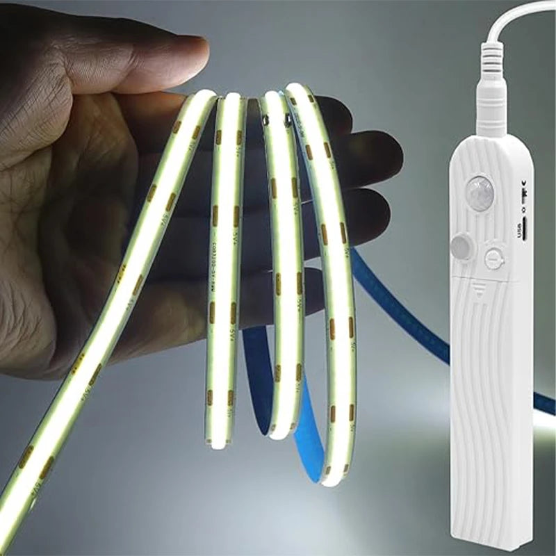COB LED Strip Light 5V 320LEDs/m PIR Motion Sensor Flexible Self-adhesive Tape Battery Powered for Cabinet Kitchen Lighting