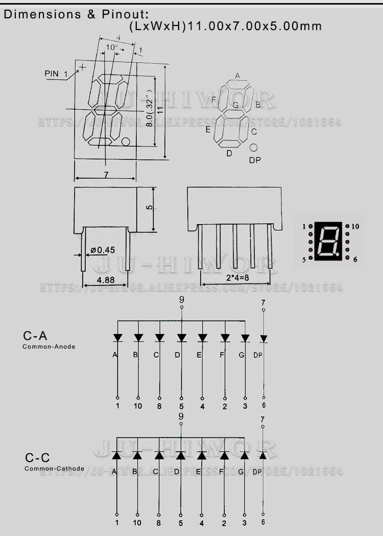 10pcs 0.32 Inch 10Pins 3112AS 3112BS 1 Bit Digit 7 Segment Red LED Digital Display Digitron Common Anode Cathode C-C C-A