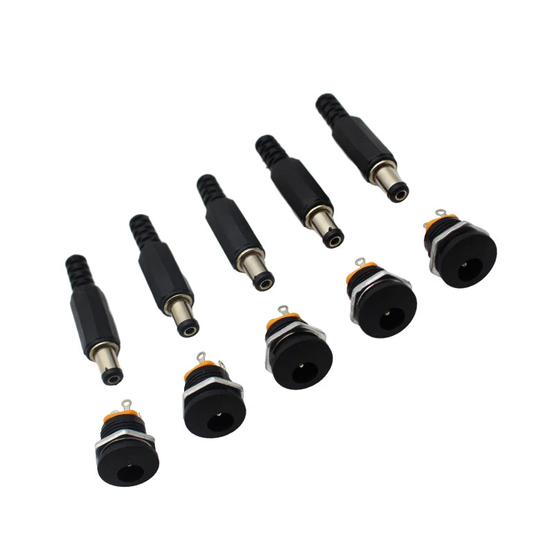 10PCS (5Pairs) DC12V 5.5 x 2.1mm Plastic Male Plugs DC022 DC Power Socket Female Jack Screw Nut Panel Mount Connector