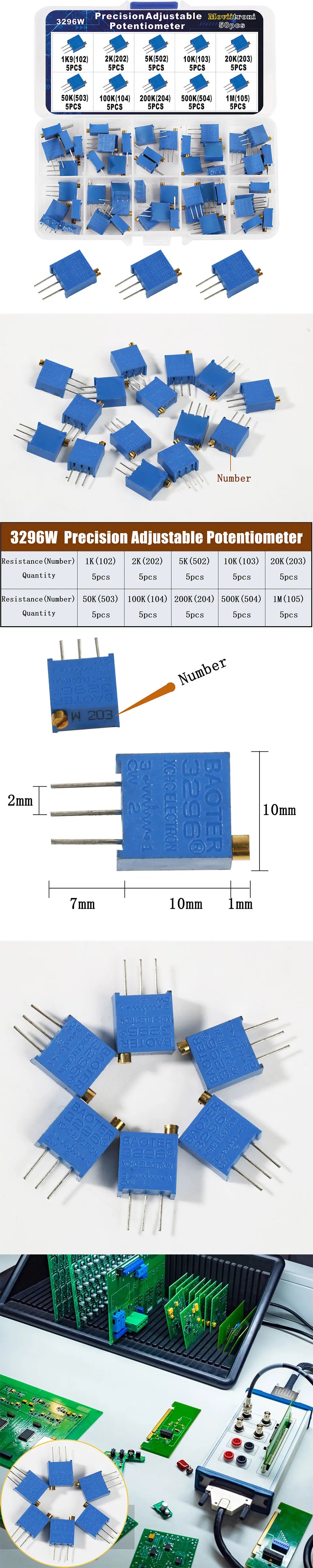 3296W Potentiometer Resistor Kit Precision Adjustable Variable  Resistance Trimmer Potentiometer 1K 10K 100K 1M 50R 100R