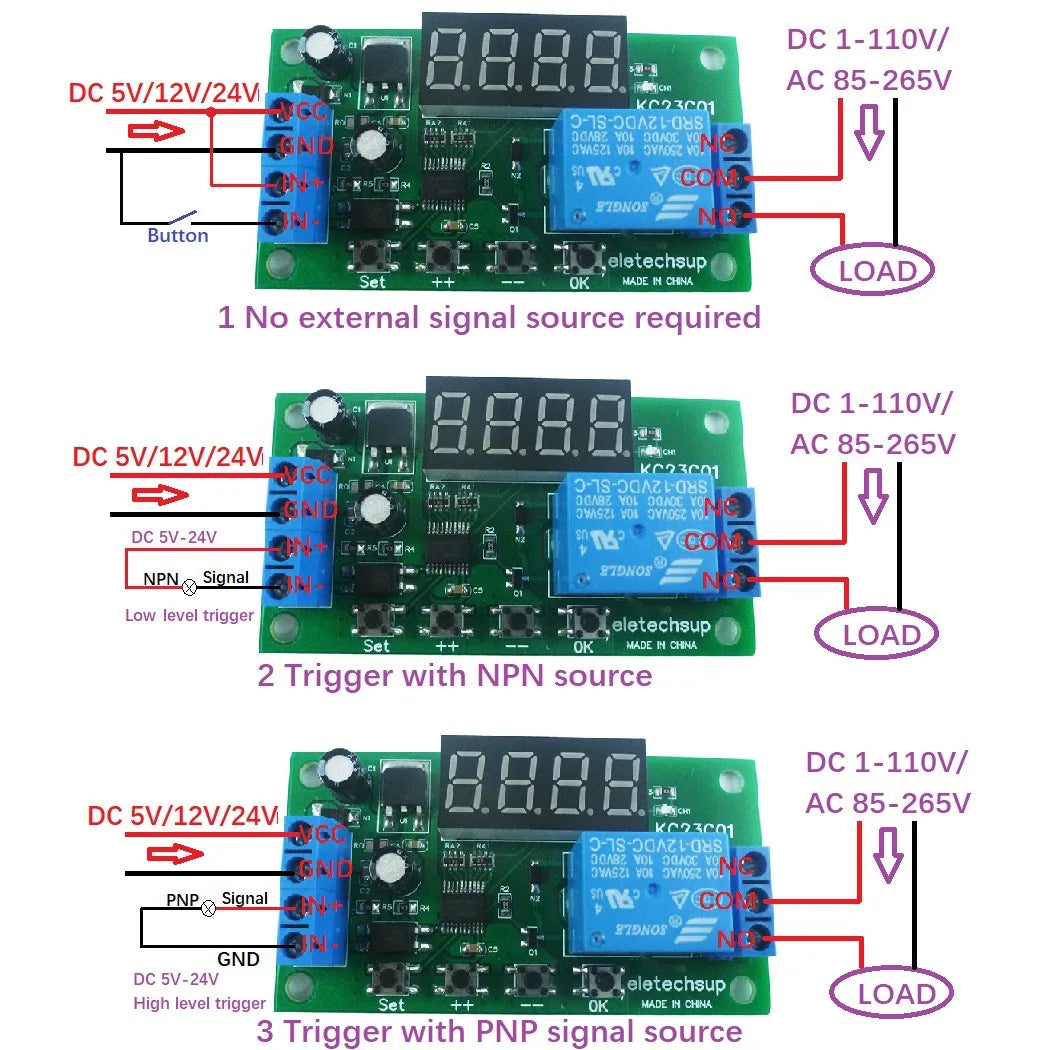 KC23C01 Timer Delay On/Off Relay Module DC 5V 12V 24V 1-Channel Multifunction Pulse Counter Switch Adjustable Relay Module