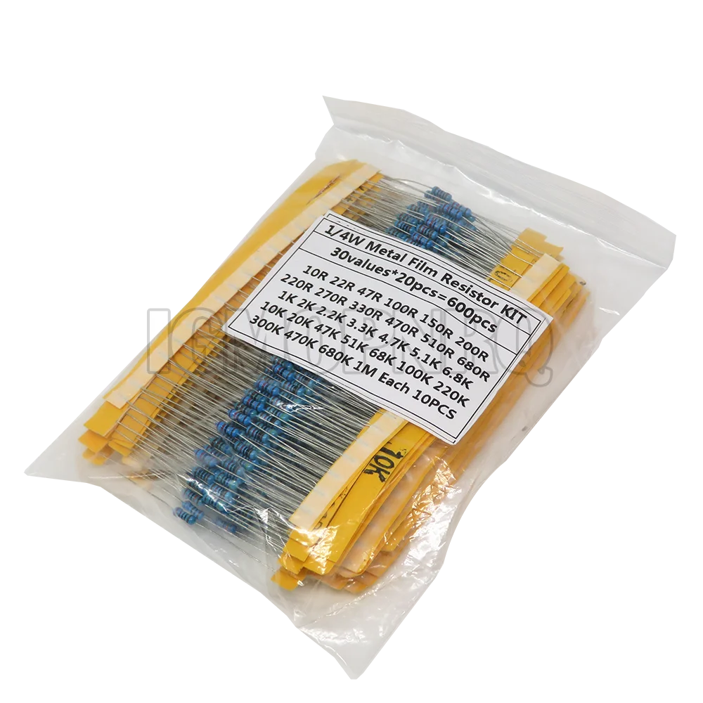 300PCS/Set 30 Kinds 1/4W 1/2W 1W 2W 3W Resistance 1% Metal Film Resistor Pack Assorted Kit 0.1R-750R 1K-820K Resistor 150PCS/Set
