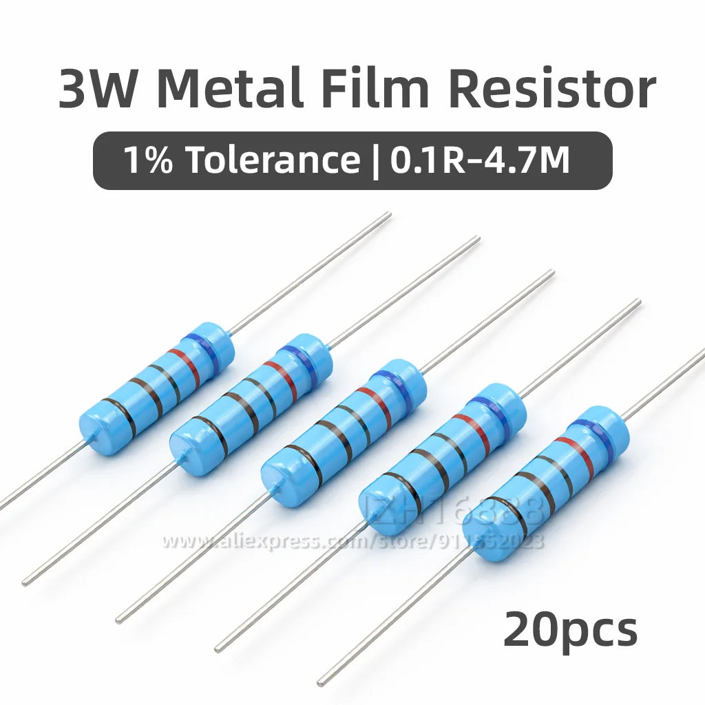 20pcs 3W Precision Metal Film Resistors 1% 3W 10 47 100 200 220 470 510 Ohm 1K 22K 4.7K 10K 47K 100k 200k 220k 510k 470k 1M Ohms