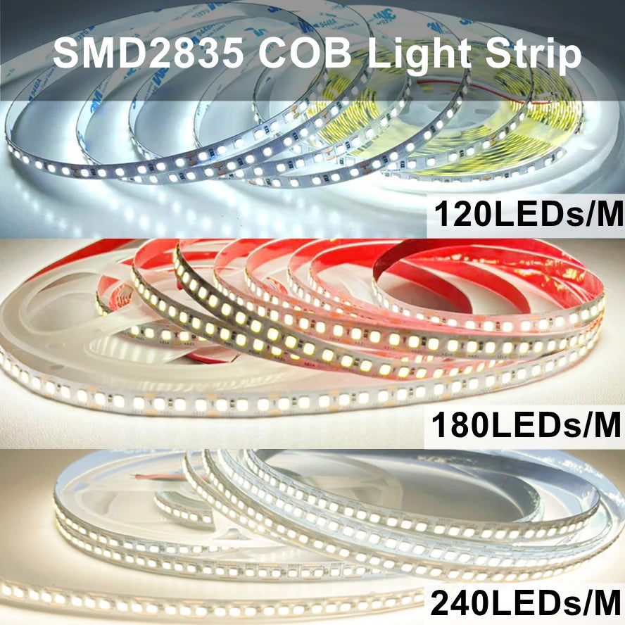 1/2/3/5/10m/lot 10mm PCB 2835 SMD 1200 LED Strip tape DC12V 24V ip20 Non waterproof Flexible Light 240 leds/m,180 leds/m,