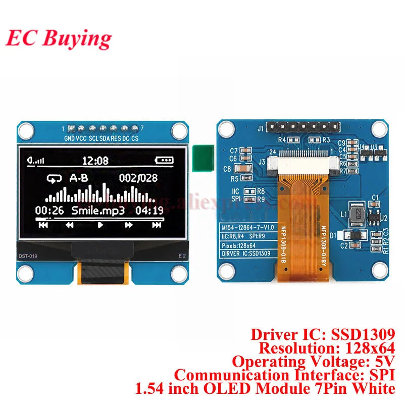1.54 inch OLED Module 1.54” Display LCD Screen Resolution 12864 128x64 SSD1309 Driver Blue White Yellow 4Pin/7Pin IIC Interface