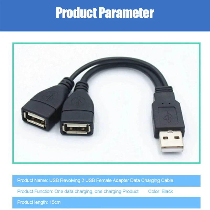 USB 1/2 to 1 Male/2 Female Three Head Data Cable 2-in-1 Dual Female Port Car Charging Extension Data Cable