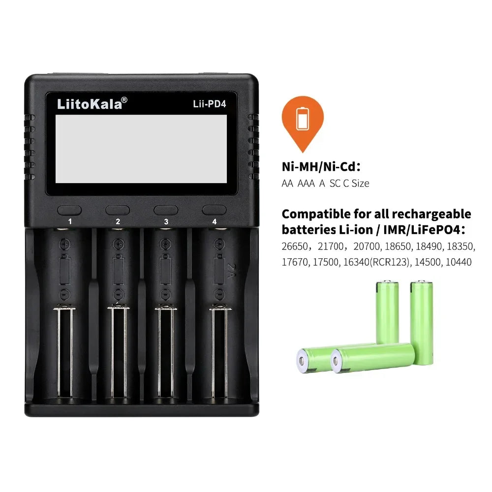 LiitoKala Lii-PD2 Lii-PD4 LCD Lipo Battery Charger For 21700 20700 18650 18350 26650 22650 14500 NiMH Smart Full Automatic Stop