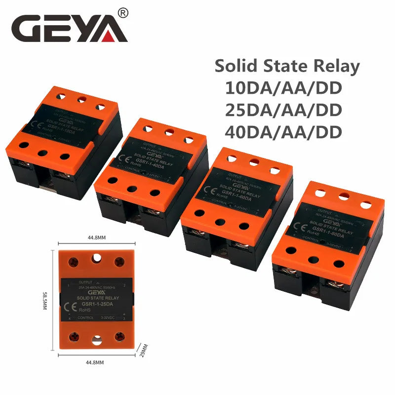 GEYA GSR1-1 Solid State Relay DC-AC DC-DC AC-AC Single Phase SSR 10A 25A 40A 60A 80A 100A 120A Without Cover