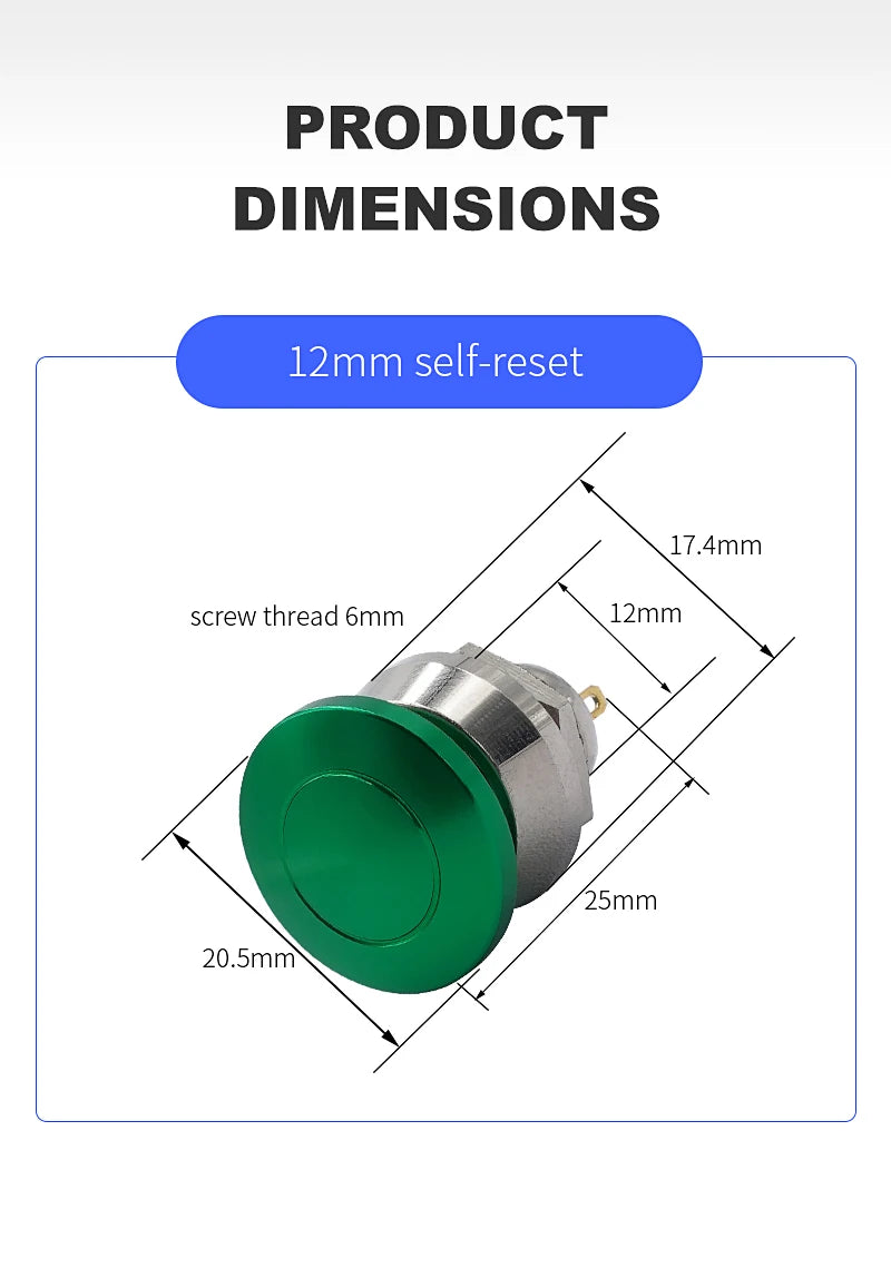 Metal Push Button Switch 12mm Waterproof Momentary Self Reset without Fixation Mushroom Head Switch Oxidation Green 1A 1NO 2pins