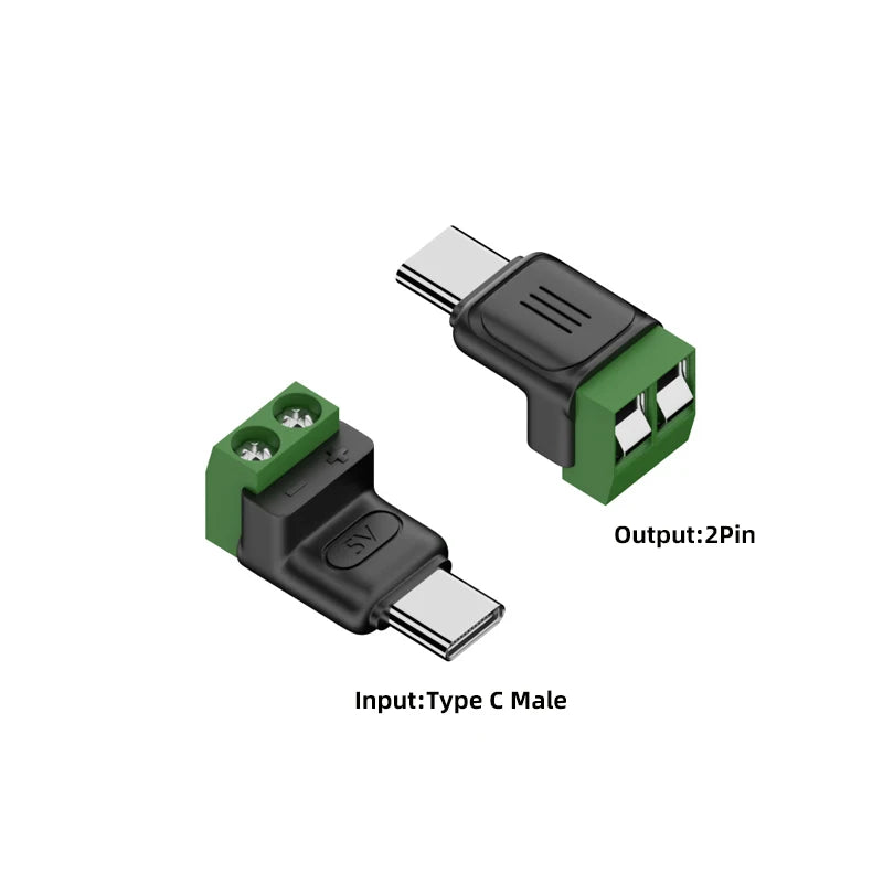 Type C/Micro Female To 2 Pin Terminal Block Solderless Charging Connector 5V USB C Screw Terminal Solderless Plug OTG Adapter