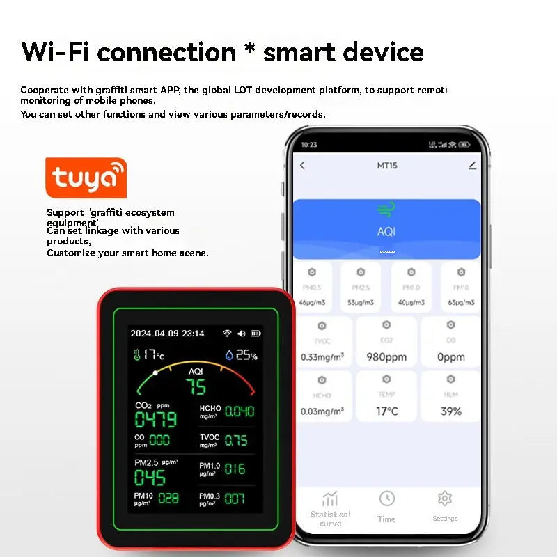 Home Air Quality Monitor Tuya WiFi 15 in 1 TFT Display Portable AQI PM0.3 PM1.0 PM2.5 PM10 CO CO2 TVOC HCHC Tester APP Co 이산화탄소