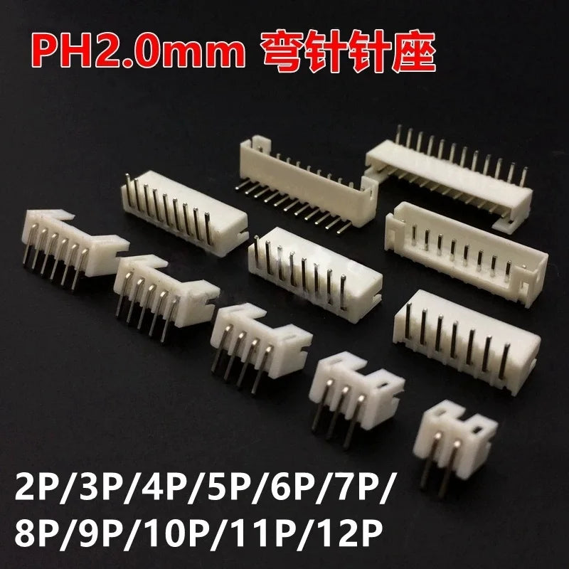 50pcs PH2.0 Connector Pitch 2.0mm Pin Header Male Connector Right Angle 90 Degrees Bend Curved Needle 2/3/4/5/6/7/8/9/10-12pin