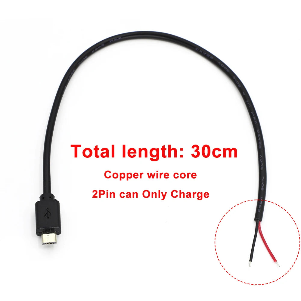  10Pcs Micro USB Male Plug 2 Pin Bare Wire Open End Power Cable Connector Pigtail Cord DIY Repair Power Charging Cable 22AWG