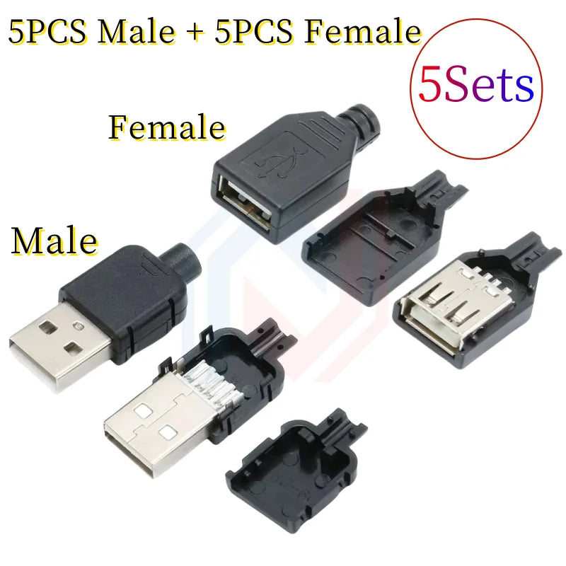 Type A Male Female USB 4 Pin Plug Socket Connector With Black Plastic Cover Type-A DIY Kits