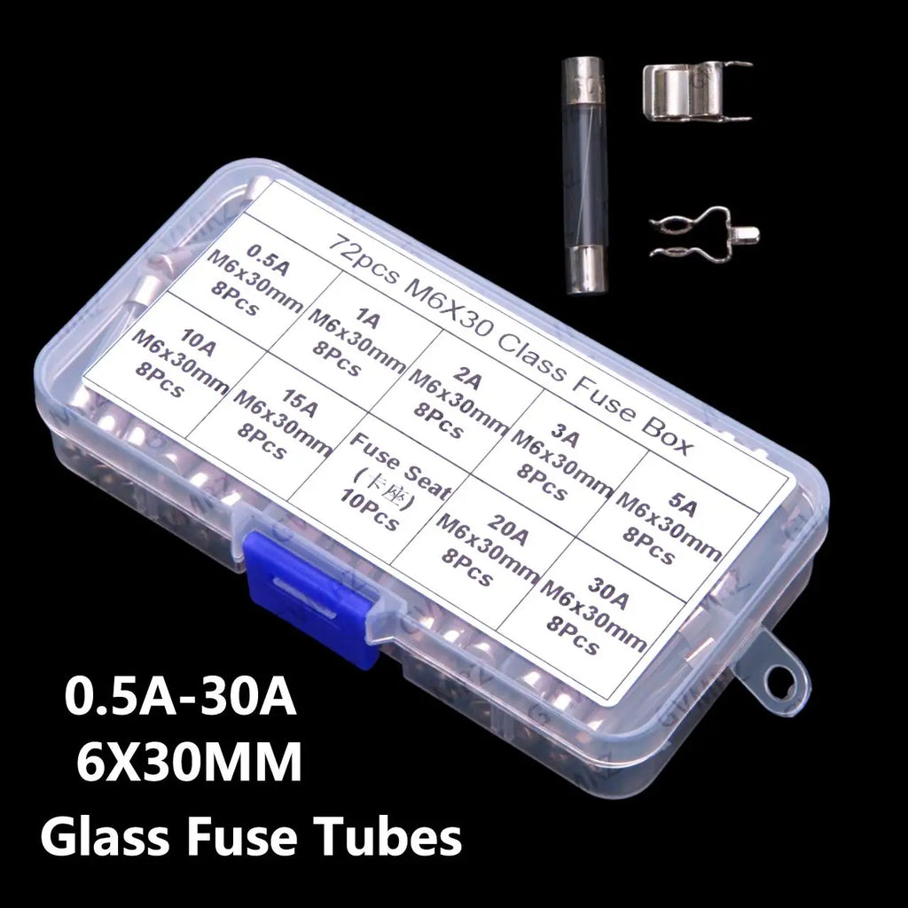 72PCS 6*30MM 0.5A-30A Glass Fuse Tubes 250V Box 0.5A 1A 2A 3A 5A 10A 15A 20A 30A 6X30