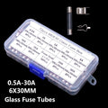 72PCS 6*30MM 0.5A-30A Glass Fuse Tubes 250V Box 0.5A 1A 2A 3A 5A 10A 15A 20A 30A 6X30