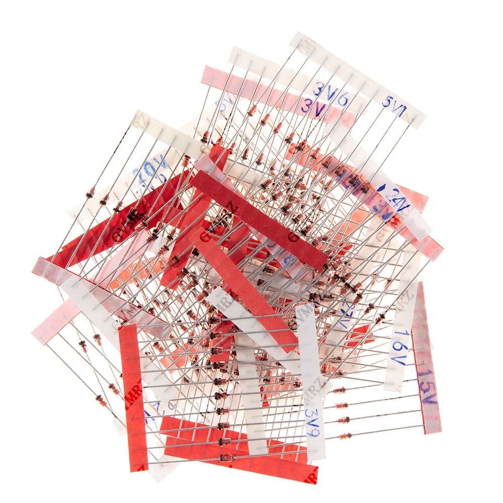 250PCS 25Values 1W Zener Diode Kit 3.0V-33V DO-41 for Voltage Regulation Electronic Projects 3.3V 3.6V 3.9V 27V 30V 33V