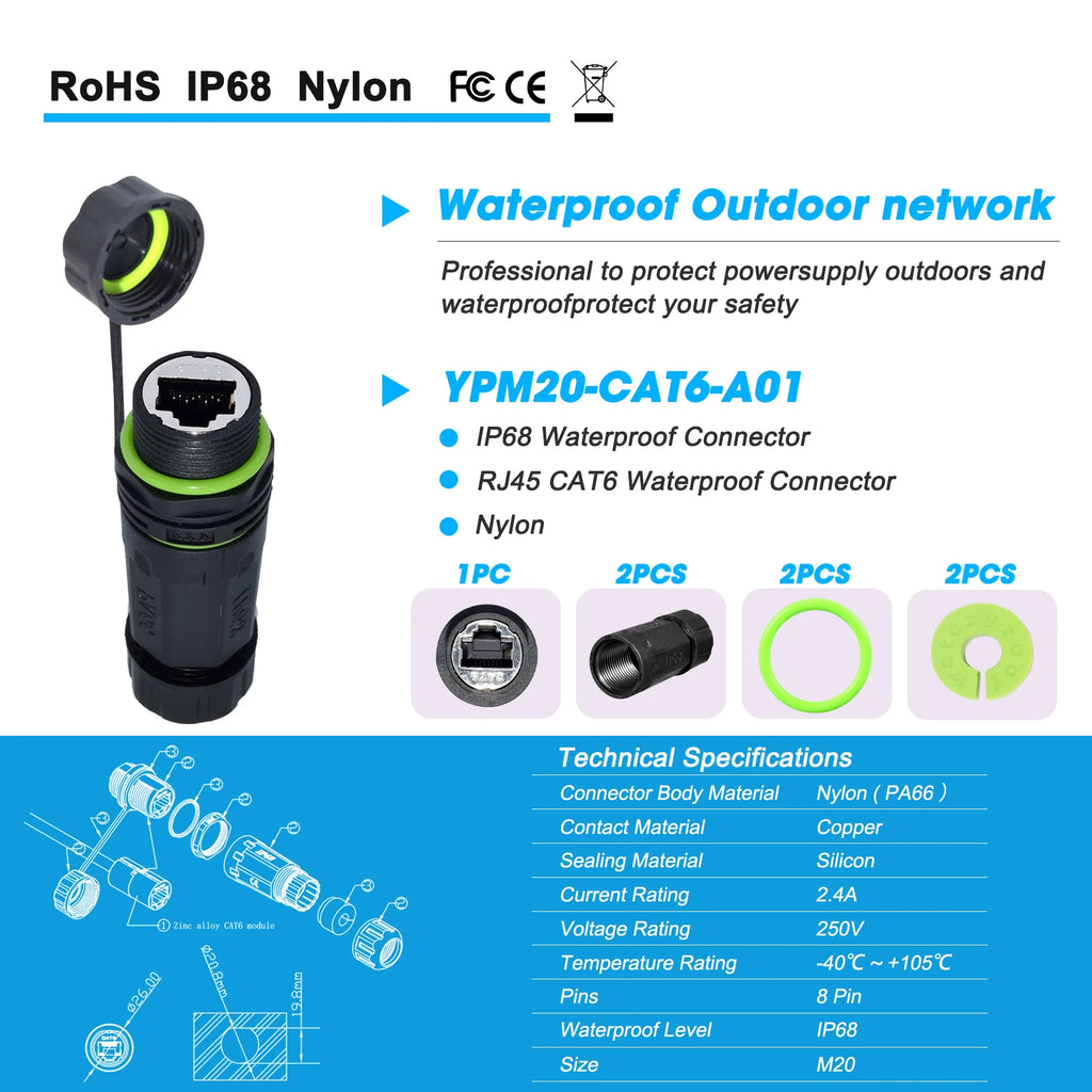YXY RJ45 Docking Connector Ethernet Network Panel Mount Waterproof IP68 Header Outdoor Broadband Network Cable Extender