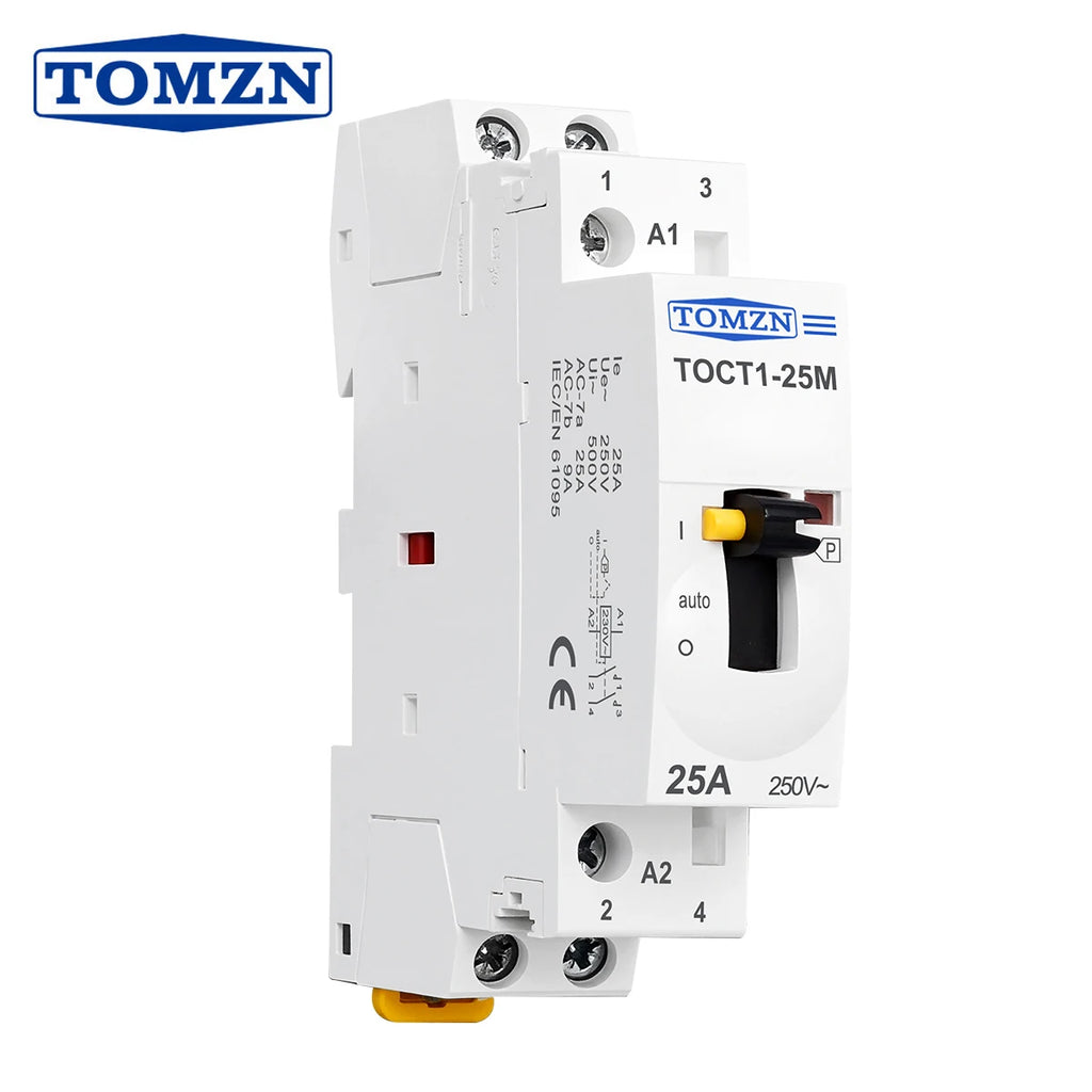 TOMZN TOCT1 2P 25A 220V/230V 50/60Hz Din Rail Household AC Modular Contactor With Manual Control Switch 2NO or 1NO 1NC or 2NC