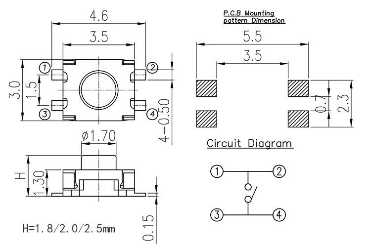 50PCS Reel Packing 3X3.5mm H=1.8/2.0/2.5mm 4Pin SMD Mini Button Switch 260gf Phone Side Push Button Momentary Tactile Switch