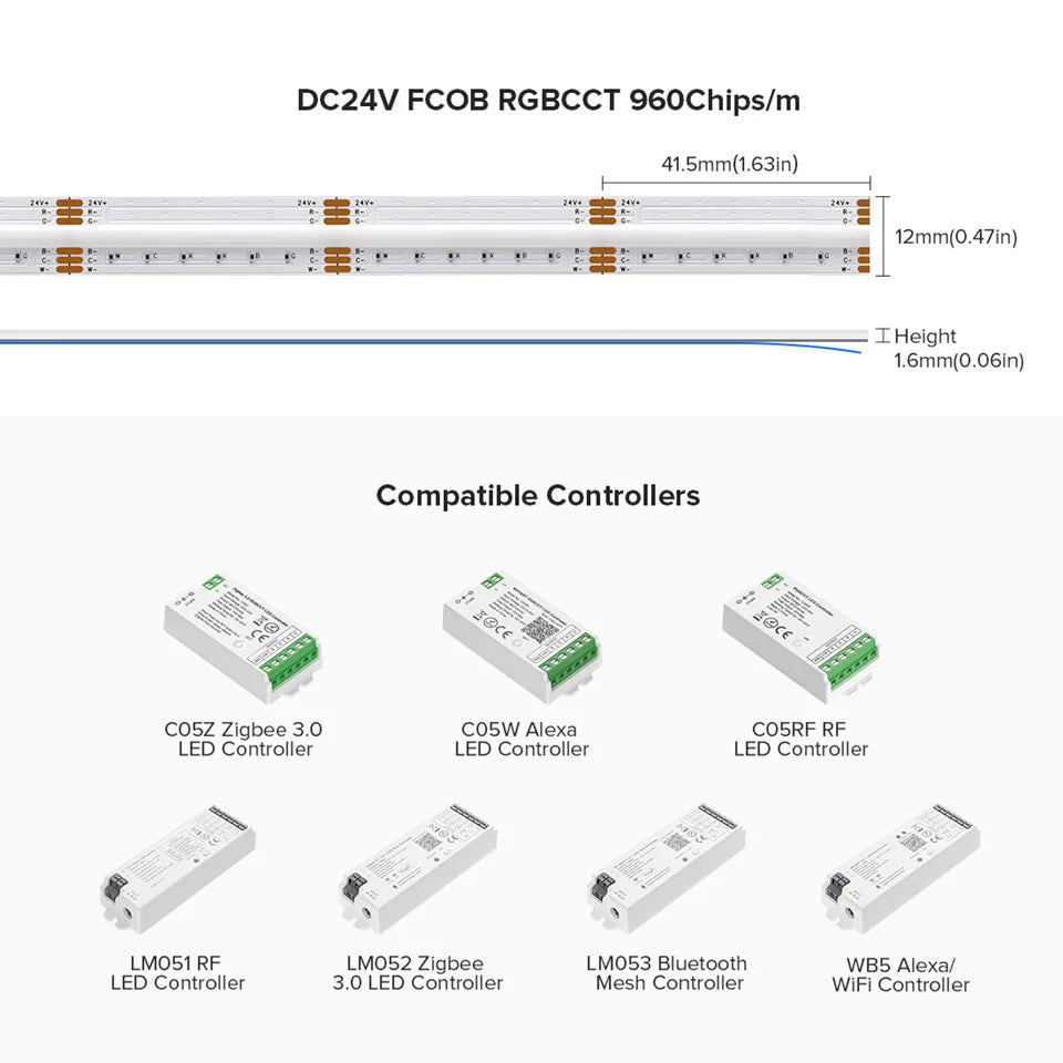 FCOB RGBCCT LED Light Strip 6 Pin 12mm DC24V 960 LEDs RGB CW WW FOB Flexible COB Linear Lights High Density RA90 Dimmable Strip
