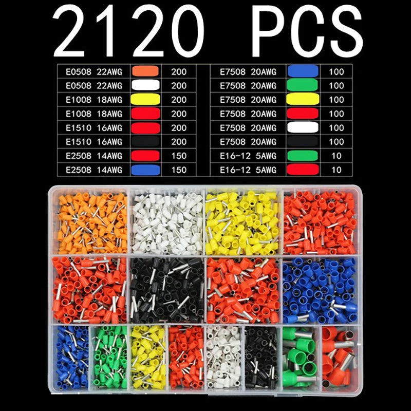 700-2120pcs European Style Tubular Terminals Ve Insulated Terminals Household Electrician Quick Wiring Cable Wire Connector Set