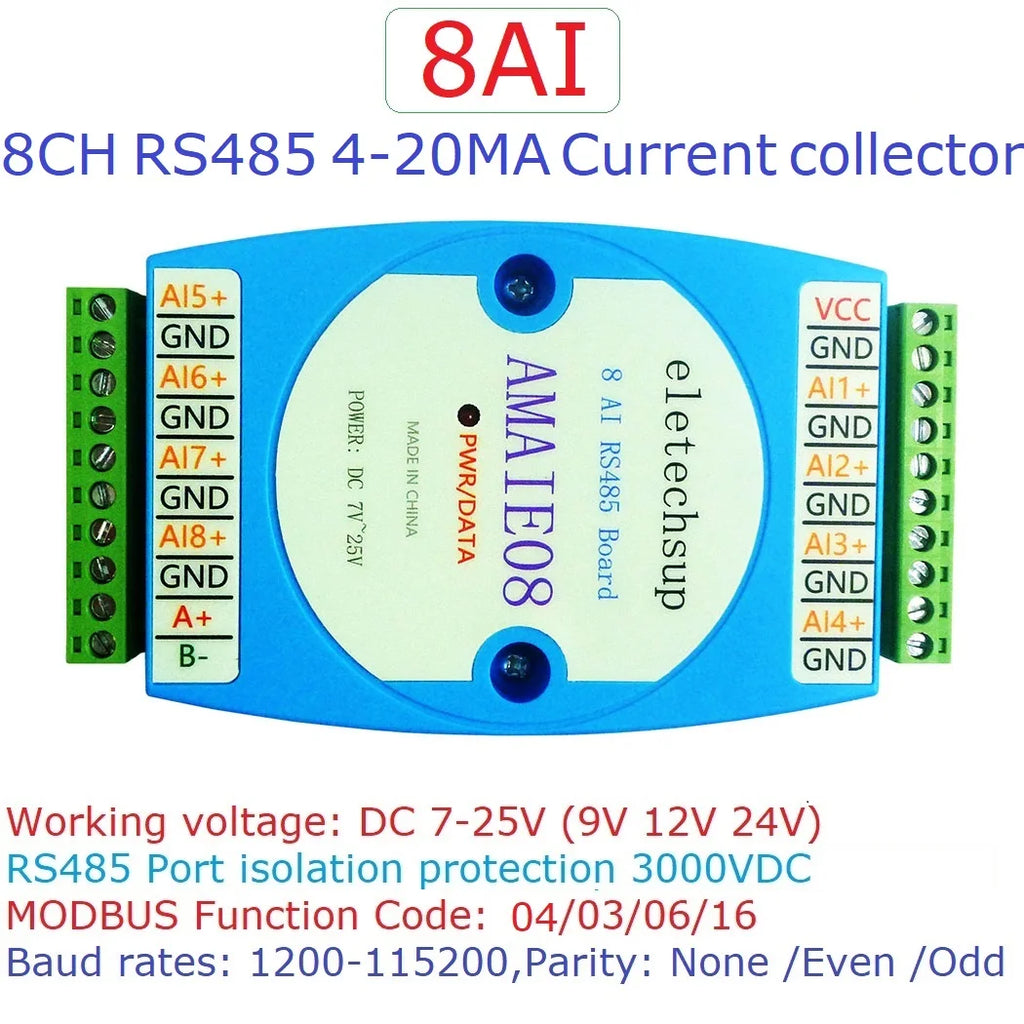 DC 12V-24V 8AI 8VI 4-20MA /0-10V to RS485 Current/Voltage ADC Collector Module for MODBUS RTU PLC Board