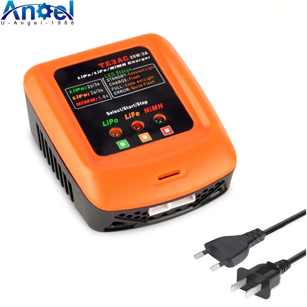 TE3AC 100V-240V 25W/3A Professional Balance Charger for 2S 3S LiPo/2S LiFe/1-8S NiMH Battery RC Drone Car Boat