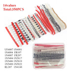 350PCS Rectifier Diode 1N4148 1N4001 1N4004 1N4007 1N5404 1N5406 1N5408 RL207 UF4007 FR107 FR207 1N5817 Schottky Diodes Kit