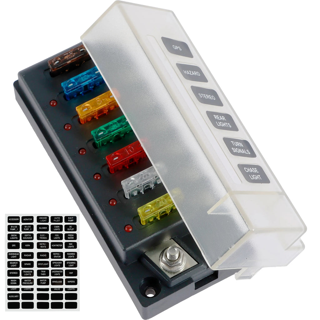 4/6Way Fuse Block 12V Blade Fuse Box Holder with LED Indicator Waterproof Cover Safe Compact Circuit Fuse Box for Car Boat