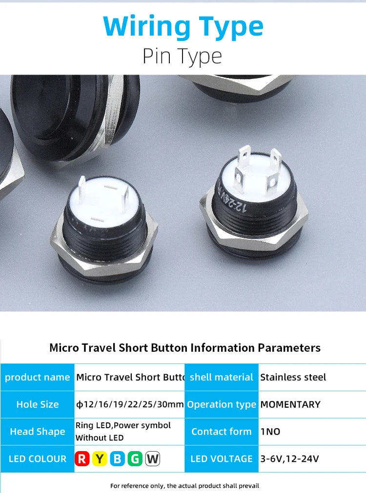 12mm 16mm 19mm 22mm Ultra Short Micro Stroke Stainless Steel Push Button Switch with LED Lamp Waterproof Self-reset/Momentary