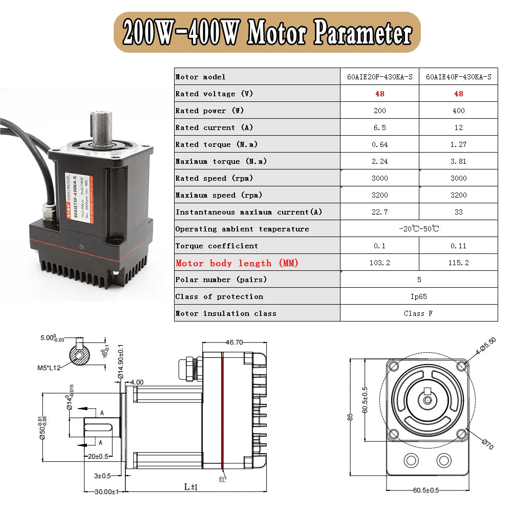 48V DC Servo Motor All-in-one Built In Drive 200-1000W Low Voltage 60/80mm Motor 17Bit Absolute Encoder 3000RPM With RS485