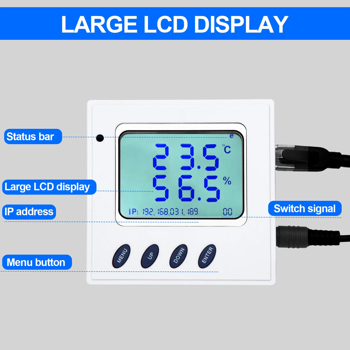 High Accuracy POE RJ45 Ethernet Temperature Humidity Sensor with Large LCD Display SNMP V1/TCP/UDP IP Network Monitoring Support