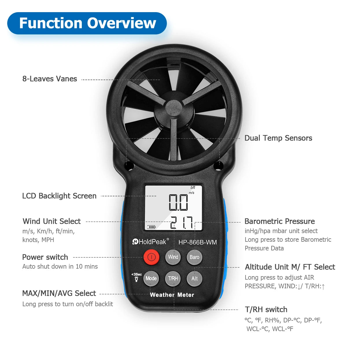 HP-866B-WM Weather Meter Anemometer Wind Speed Temperature Humidity Barometer Altitude