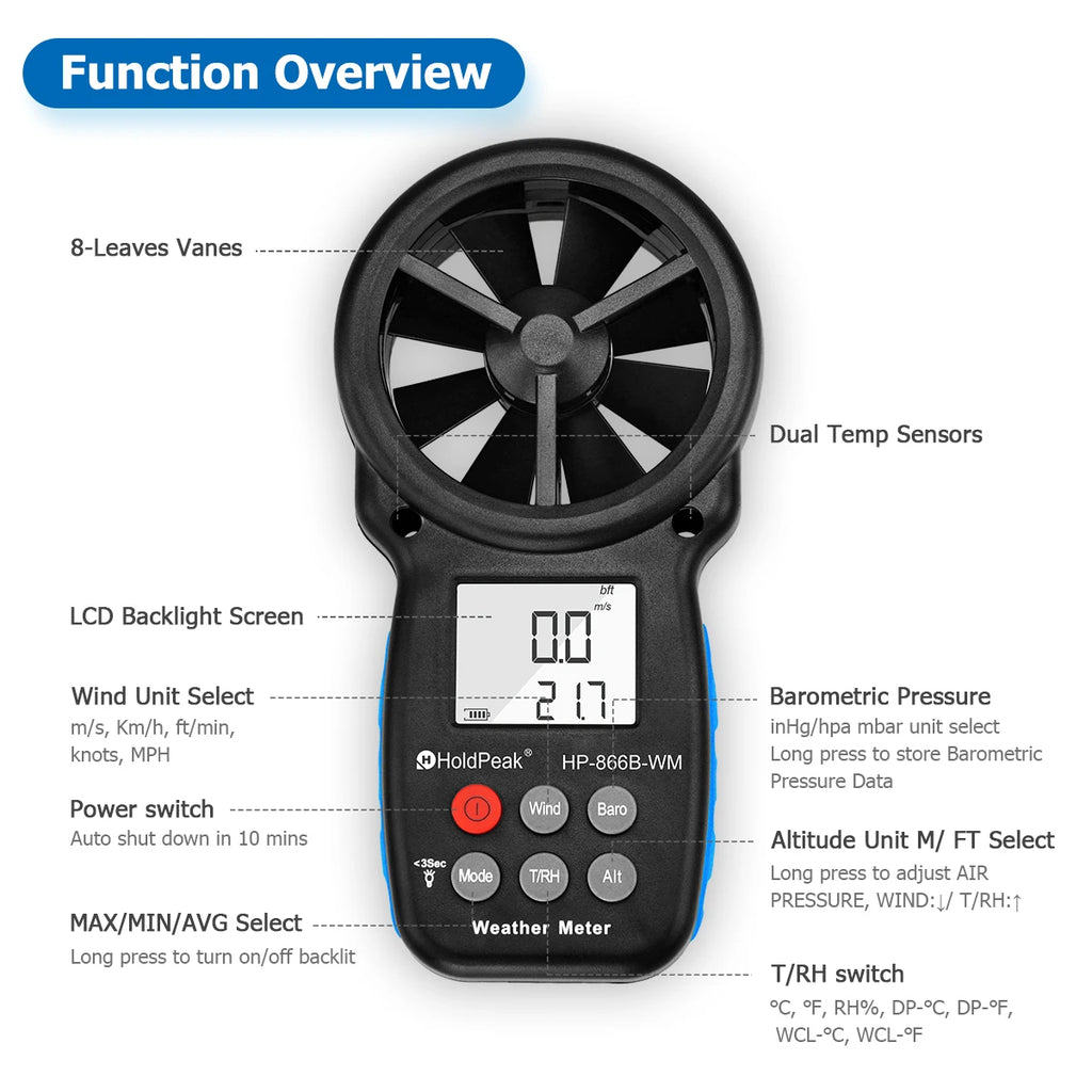 HP-866B-WM Weather Meter Anemometer Wind Speed Temperature Humidity Barometer Altitude