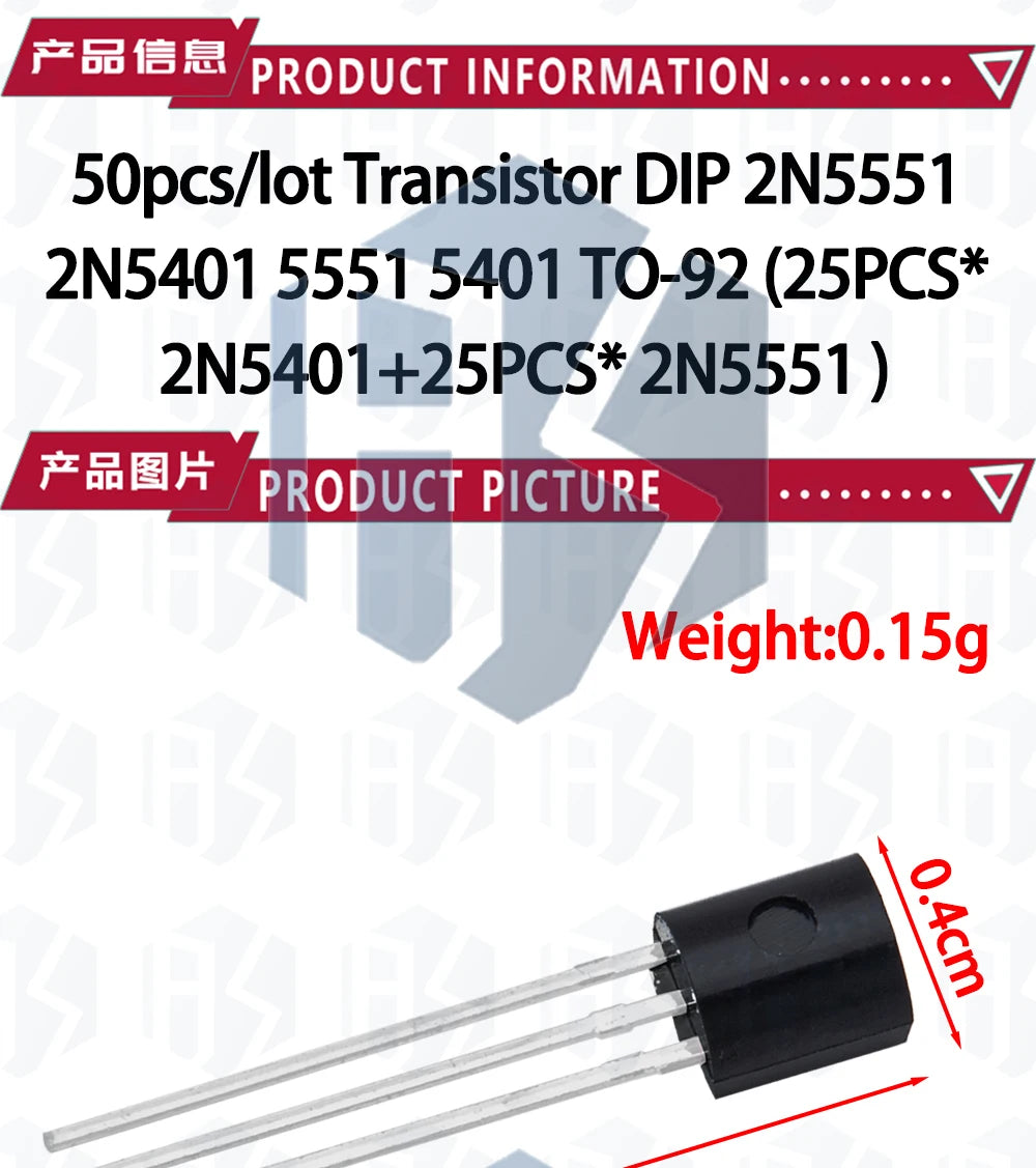 50PCS/LOT Transistors (25×2N5401 + 25×2N5551) – TO-92 Package | NPN/PNP Complementary Pair | DIP Compatible