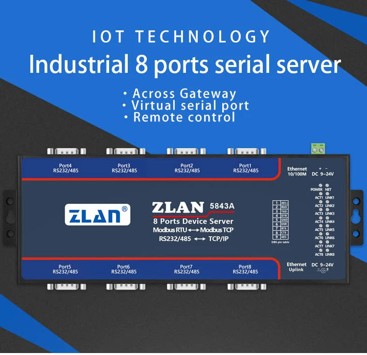ZLAN5843A 8 port RS232 RS485 to Ethernet TCP/IP Modbus industrial multiple Ethernet serial server