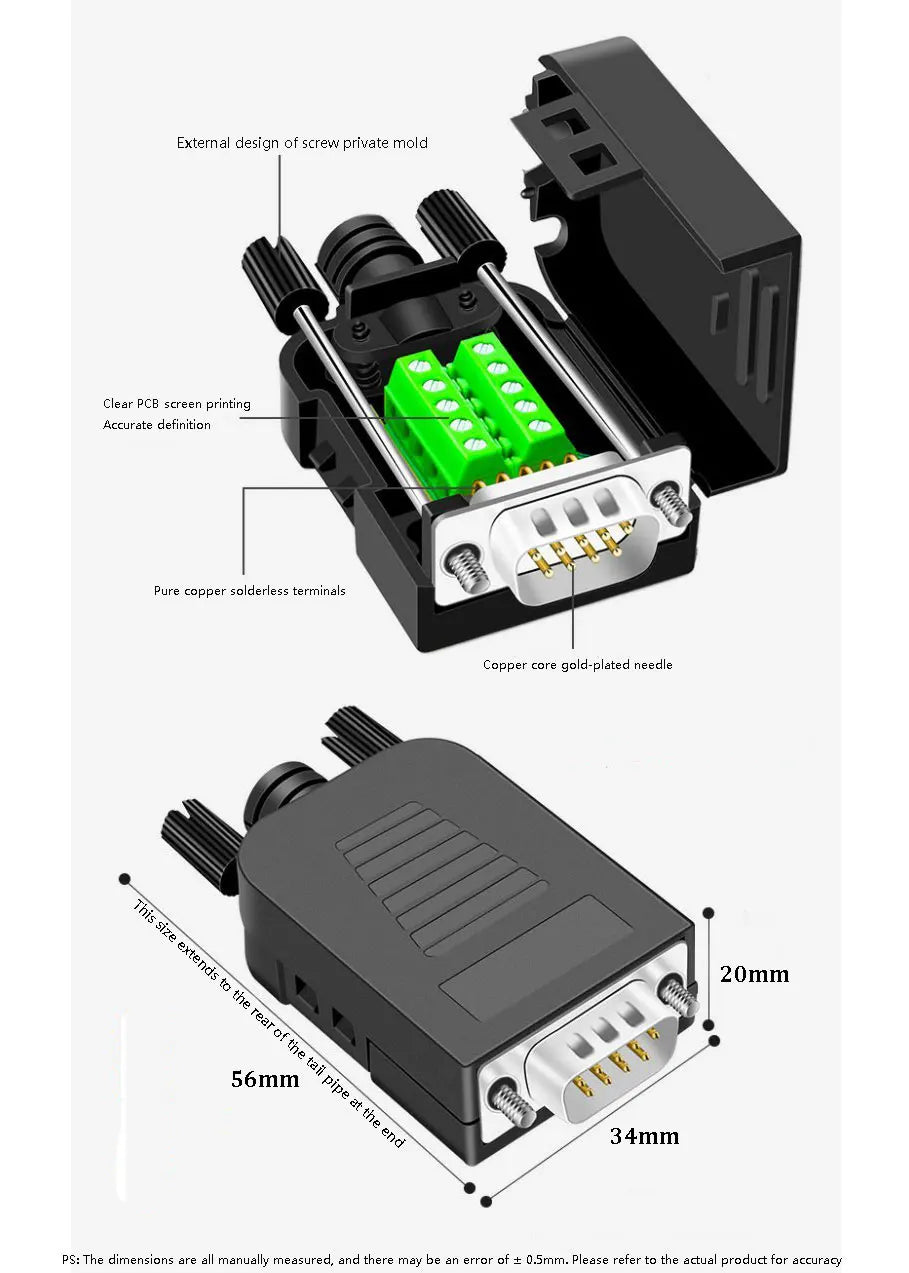 RS232 RS485 DB9 Connector Male Female 9 Pin Breakout Terminals COM Connector D-SUB Terminals 21-24 AWG Wire Solderless Connector