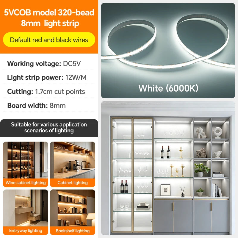 DC5V USB COB LED Strip Light 320LED/m High Density Flexible Self‑Adhesive LED Tape 3000K‑6500K For Cabinet TV Backdrop Decor