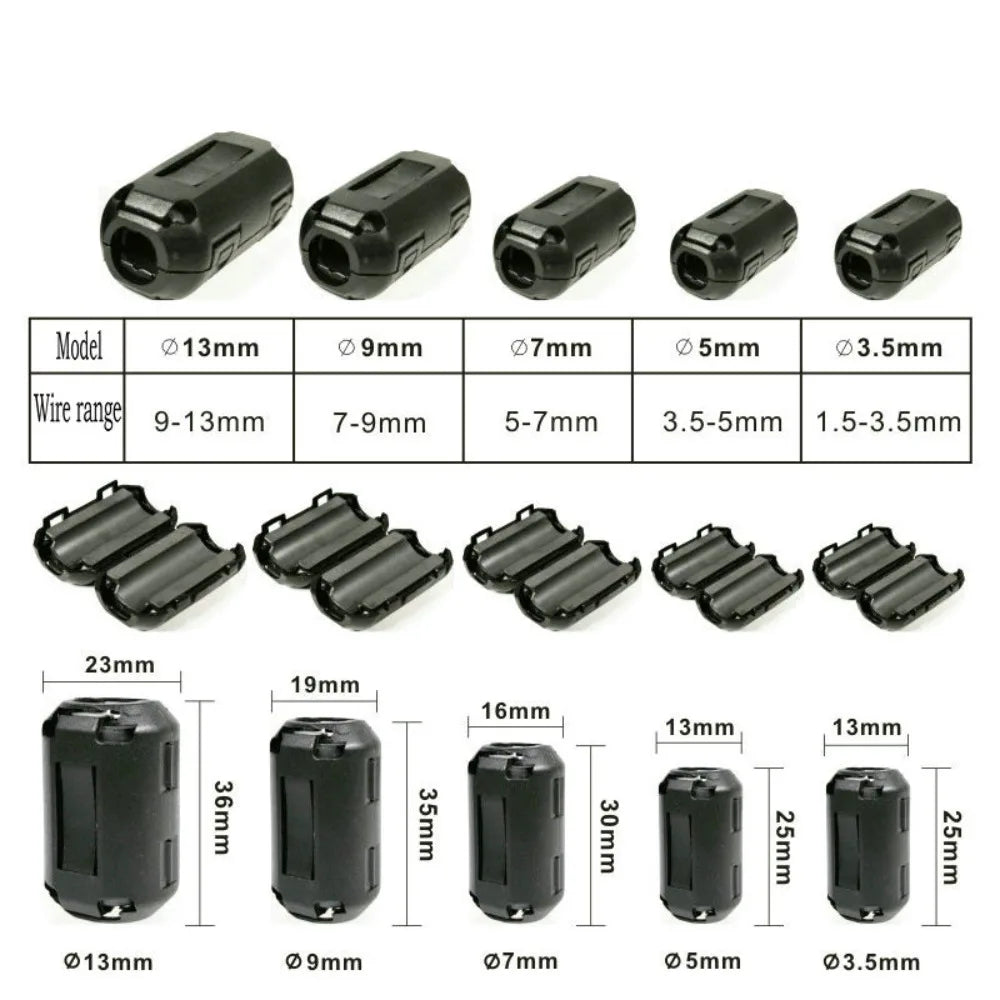 Snap Type Ring Core Ferrite Bead Clamp Black Anti-interference Filter Clip Snap Cable Connector 3.5/5/7/9/13mm Cable Connector