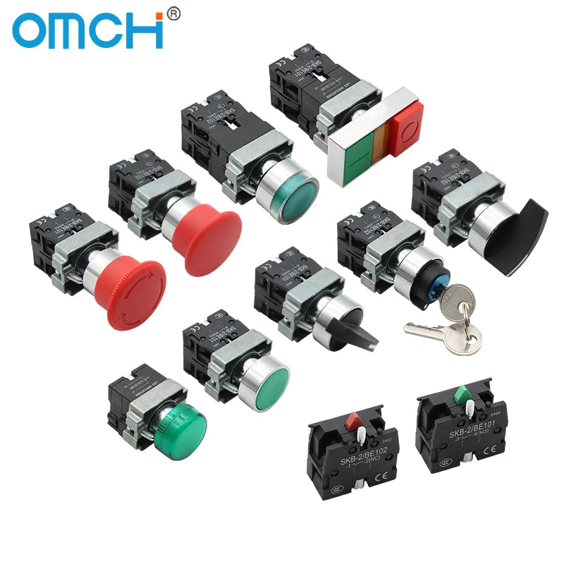 OMCH Button Switch Self Reset SKB2 Small Mushroom Head Emergency Stop 22mm Knob Key Start Inching Power On