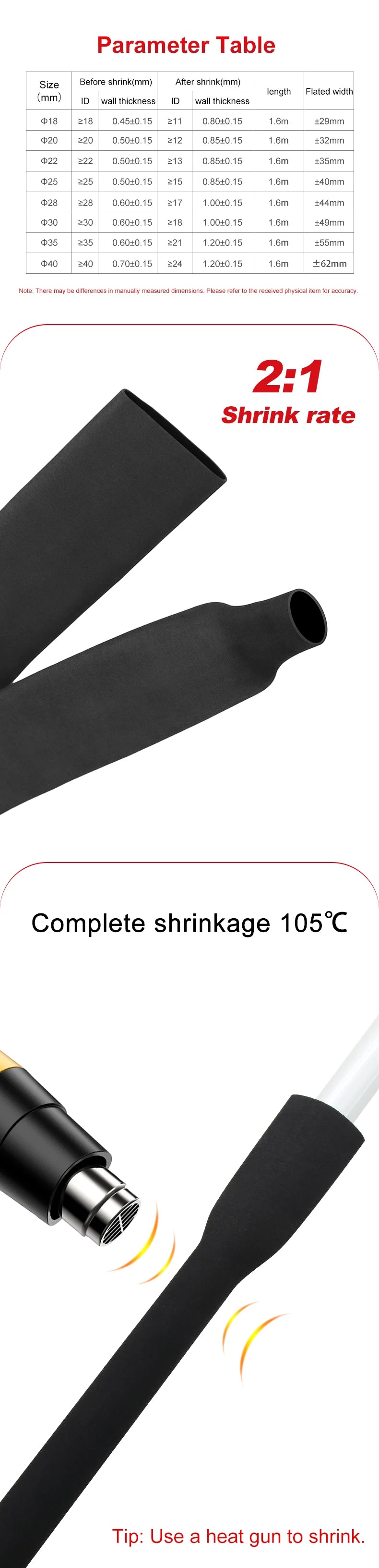 1.6m/piece Anti-slip Heat Shrink Tube Diameter 18~40mm Solid Color Insulated Waterproof Cover Case Non-slip Wrap for Fishing Rod