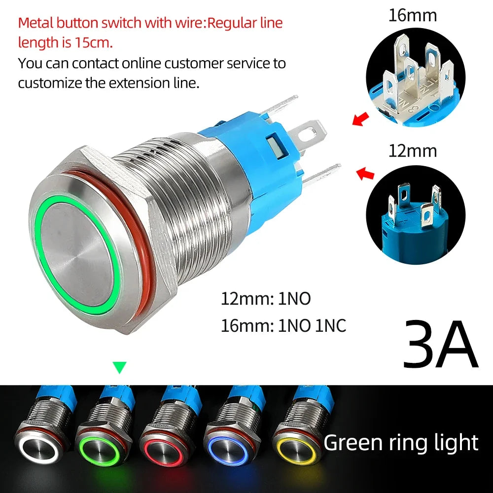 12/16mm Flat LED Illuminated Reset Latching Ring LED Metal Push Button Switch Waterproof On Off with Power Symbol