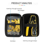 Cat6 Pass Through Network Tool Kit RJ45 Crimping Plier, Stripper, Single Row Cat6 Connectors 8P Boots EVA Case