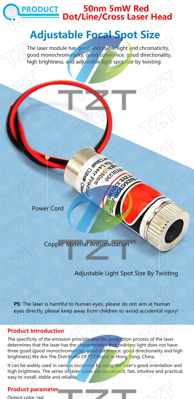 TZT 650nm 5mW 6MM 9MM 12MM Red Point / Line / Cross Laser Module Head Glass Lens Focusable Focus Adjustable Laser Head