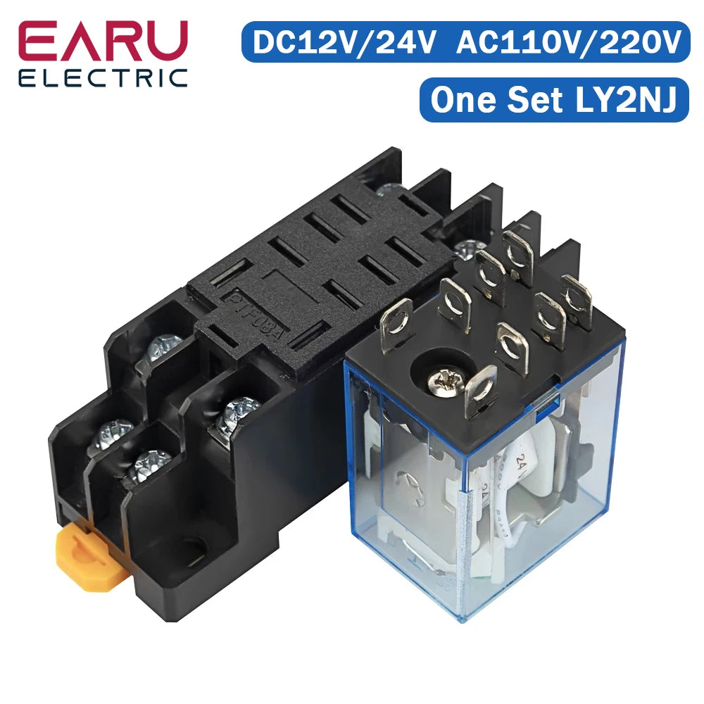 EARU 1Pcs LY2NJ HH62P Small Electromagnetic Relay 10A 8PIN Coil Power Relay DC12V DC24V AC110V AC220V With Socket Base DIN Rail